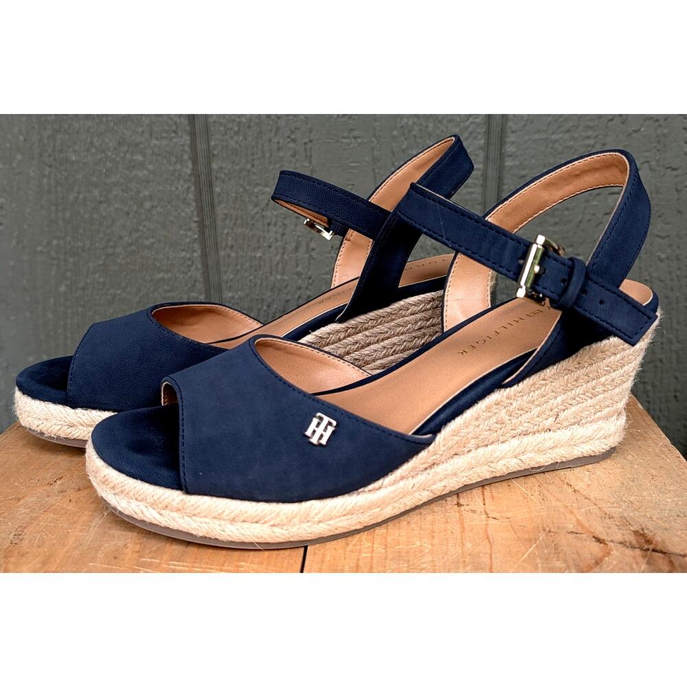 Tommy Hilfiger Gallie wedge espadrille sandals Navy Blue Size 6.5 LIKE NEW